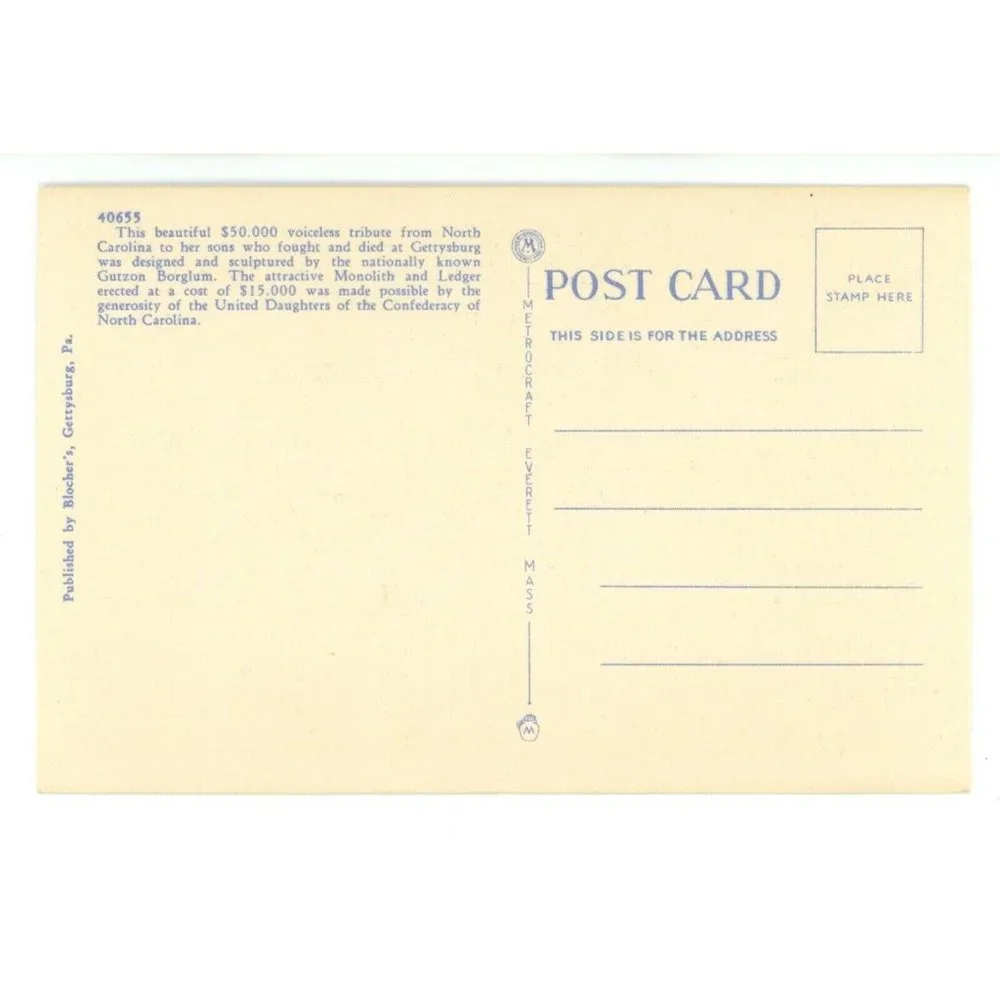 Vintage Postcard North Caroline War Memorial Tribute Gettysburg‎ Pennsylvania